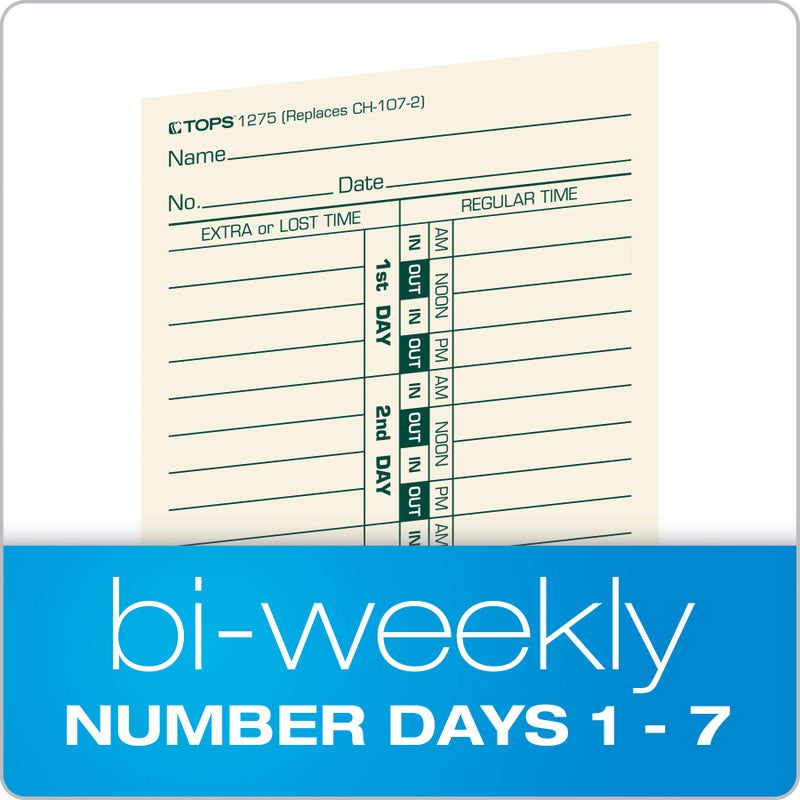 TOPS Time Cards, Bi-Weekly, 2-Sided, Numbered Days, 3-1/2" x 9", Manila, Green/Red Print, 500-Count (1275) - Image 2